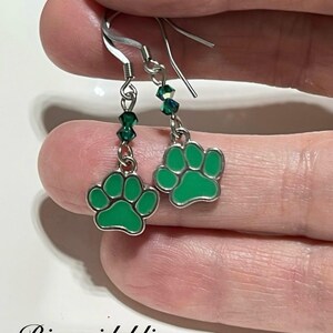 Green Dog Paws and Aurora Borealis Earrings! Enamel Doggy Paw Earrings! Please See Description for Details!