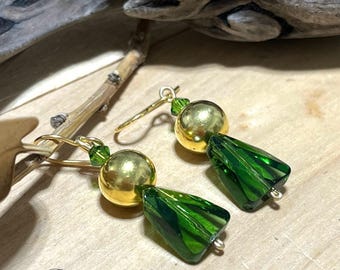Green Crystal Dangle Earrings: Gold Vermeil & Swarovski Beads