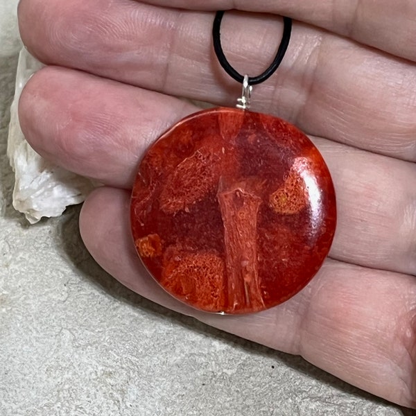 Round Polished Red Sponge Coral Pendant! Please See Description for Details!