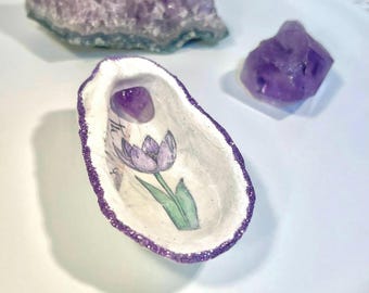 Decoupaged Oyster Shell Ring Dish Jewelry Holder Amethyst & Purple Tulip