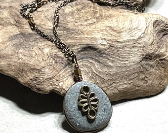 Ocean Beach Stone Pendant Necklace! Ocean Stone Necklace ! Natural Stone in Brass! Please See Description for Details!