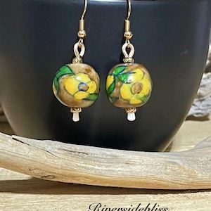 Vintage Yellow Flower Ceramic Earrings: Hand-Painted Ball Beads Flower Earrings