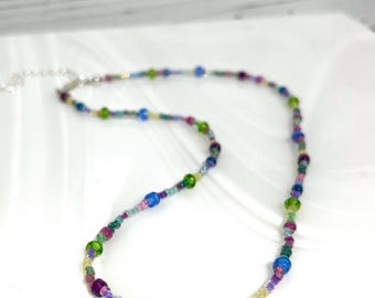 Multi-Colored Czech Glass Seed Bead Necklace: Adjustable Length