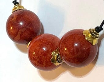 Red Sponge Coral Necklace: Handmade 18mm Beads on Black Leather Cord