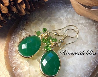 Handmade Green Onyx Earrings: Faceted Gold Vermeil with Green Crystals