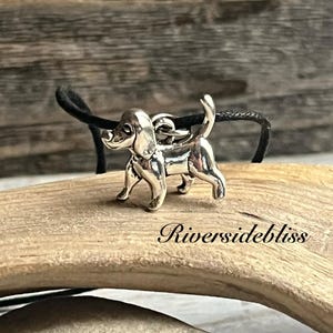 Silver Dog Pendant Necklace: Dog Charm on Black Cord (18-20 inch)