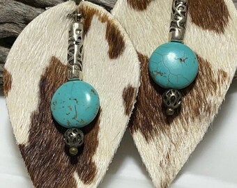 Cowhide Teardrop Earrings: Turquoise Magnesite, Silver & Brass