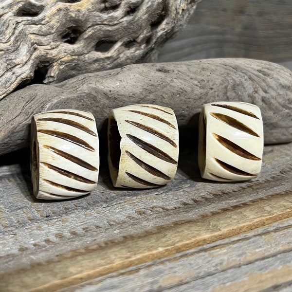 Set of 3 Hand Carved Vintage Buffalo Bone Focal Beads! Dread Beads! Large Bone Beads! Please See Description for Details!