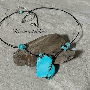 Handmade Turquoise Howlite Pendant Necklace: Black Leather Cord