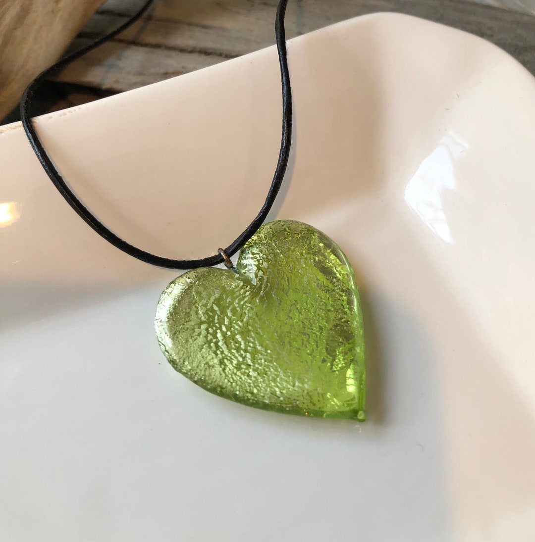 Green Heart Foil Lampwork Glass Pendant Green Glass Heart Etsy Denmark