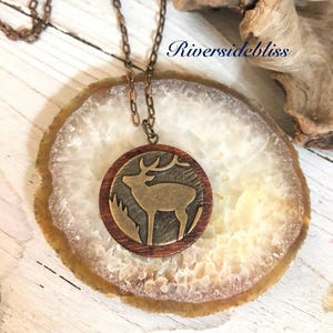 Handmade Mahogany Wood Deer Pendant Necklace: Brass Chain