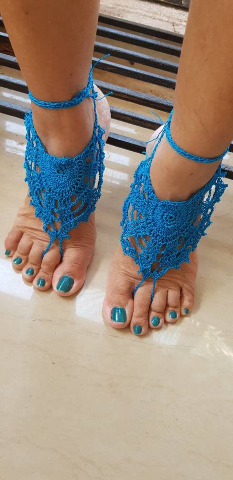 Striking blue barefoot sandals for beach wedding loungewear garden party