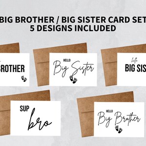 Cartão engraçado de anúncio de gravidez, conjunto de cartões do Big Brother, cartão da Big Sister, cartão em branco para download, cartão sarcástico instantâneo de gravidez para bebê