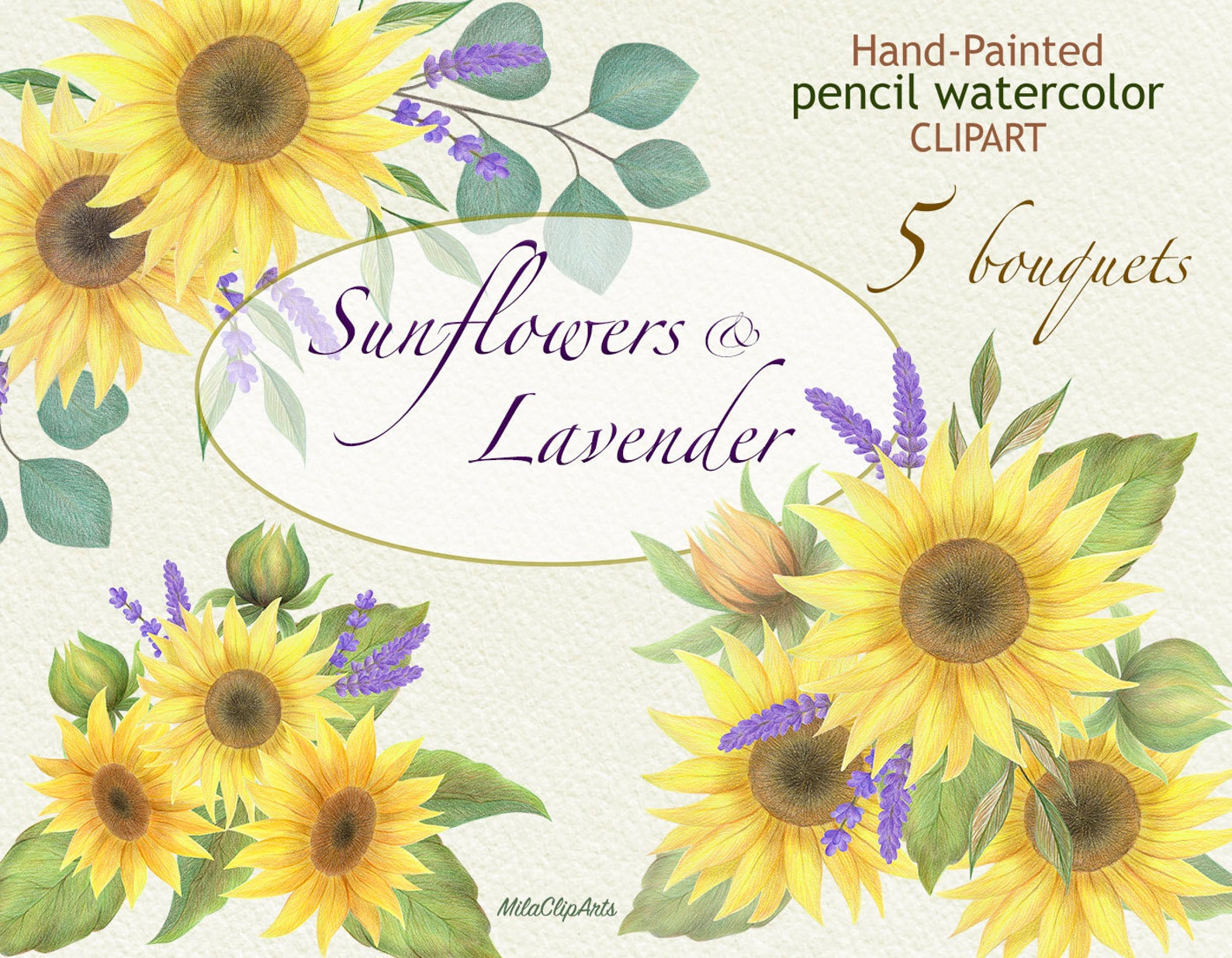 Sunflowers & Lavender clipart Bouquet Sunflowers Lavender Etsy