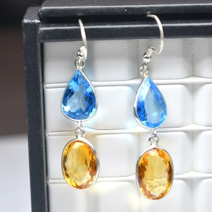 Genuine Citrine & Blue Topaz Lever Back Earrings, Solid 925 Sterling Silver Jewelry, Christmas Gift Earrings, Anniversary Gift for wife