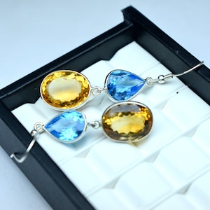 Genuine Citrine & Blue Topaz Lever Back Earrings, Solid 925 Sterling Silver Jewelry, Christmas Gift Earrings, Anniversary Gift for wife
