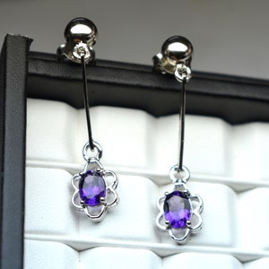 Pendientes de amatista natural-pendientes de plata hechos a mano-925 plata de ley-pendientes de amatista ovalados-piedra de nacimiento de febrero-pendientes colgantes colgantes