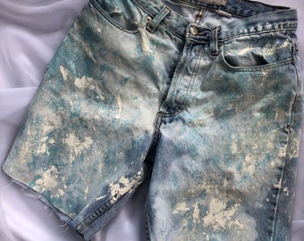 High waisted jean shorts painted shorts paint splatter jean shorts vintage denim 90s long shorts