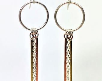 Sterling Silver, Copper and Brass Earrings - Long Tri- Metal Earrings - Elegant Statement Earrings