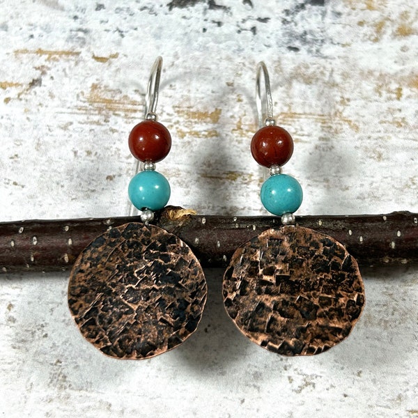 Turquoise and Reddish Brown Earrings - Copper Rustic Beaded Earrings - Turquoise Howlite and Red Jasper Beads