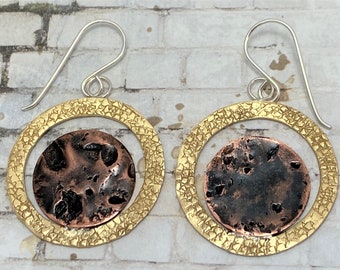 Moonscape Copper Intricately Hammered Brass Hoop Earrings - Mixed Metal Earrings - Rustic Distressed