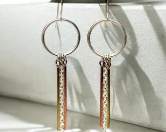 Long Dangle Earrings Mixed Metal- Sterling Silver Copper Brass-Handmade