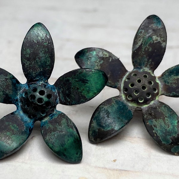 Turquoise Blue Brown Black Edgy Rustic Perforated Brass Grungy Flower Earring - Extremely Rustic