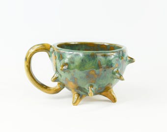 Handcrafted Spiky Ceramic Mug, Earthy Green Amber Glaze, Wabi-Sabi Pottery