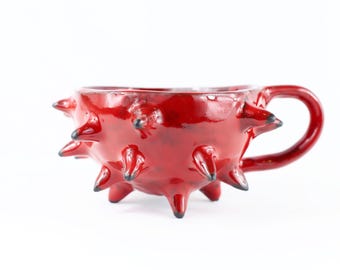 Handmade Spiky Ceramic Mug, Unique Red Clay Coffee Cup with Spikes, Gothic Statement Mug