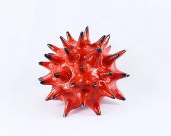 Handcrafted Red Ceramic Spiky Sculpture, Glossy Crimson Sea Urchin Art (12cm)