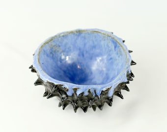 Handcrafted Spiky Ceramic Bowl, Black Sea Urchin Pot, Ocean Blue Glaze (12x7cm)