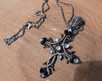 Cross Pendant Necklace Silver and Black Chain and Cord Included
