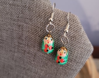 Nesting Doll Earrings - Hand painted and Hand Carved