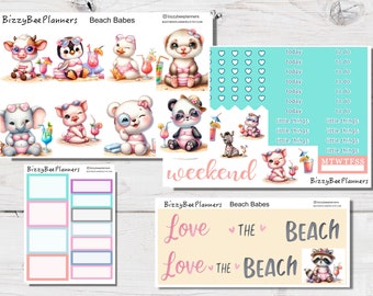 Beach Babes Mini Weekly Kit- Standard Vertical Weekly Sticker Kit- Cute Animal Planner Stickers- Beach Stickers