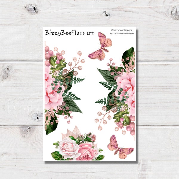 Flower and Butterfly Deco Stickers- Transparent Stickers- Planner Stickers- Journal Stickers- Clear Stickers- Floral Stickers