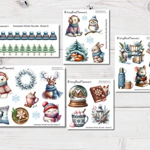 May include: Watercolor sticker sheets featuring winter-themed illustrations. Includes images of a polar bear, fox, owl, rabbit, deer, cat, snow globe, hot cocoa, and other winter elements. The text "Sweetest Winter Bundle" is visible.