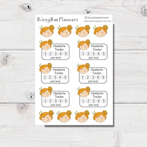 May include: Eight illustrated stickers featuring a cartoon girl with orange hair and a headband. Each sticker has a grey box with the text "Headache Tracker" and a scale of 1 to 5 for pain level.