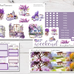 Kit hebdomadaire vertical standard Lush lilas - kit d'autocollants pour agenda hebdomadaire - Stickers lilas - kit d'autocollants floraux