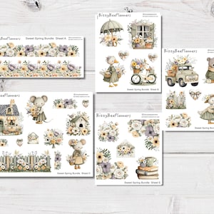 May include: A set of planner stickers with watercolour illustrations of spring scenes. The stickers depict floral arrangements, charming animals, and decorative elements. The colour scheme is soft, with pastel shades of yellow, white, and lavender.