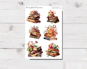 May include: Six digital stickers featuring stacks of vintage books with floral arrangements. The stickers are perfect for adding a touch of vintage charm to planners, journals, and other paper crafts.