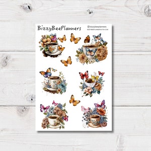 Stickers papillons et café - Stickers papillon - Stickers café - Stickers thé - Stickers agenda - Stickers journal