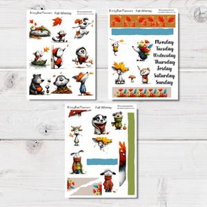 May include: Three sticker sheets featuring illustrations of woodland animals including bears, foxes, rabbits, and hedgehogs with autumn leaves. The sheets include text labels for the days of the week and decorative borders in orange, green, and blue.