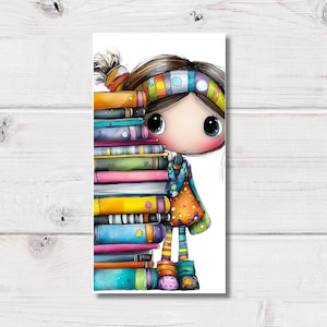 May include: A vibrant illustration of a cartoon girl hiding behind a pile of books. The books are in various colours, including orange, blue, and pink. The girl is wearing a headband and a patterned dress.