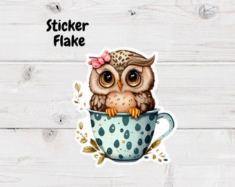 Owl in a Teacup Sticker Flake- Sticker Flake- Owl Sticker- Planner Deco- Sticker Flake