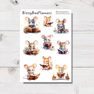 May include: A set of eight printable stickers featuring cute mice reading books. The mice are illustrated in a watercolor style with soft colors and are surrounded by books and leaves.