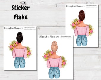 Fashion Doll Stickers- Girl With Flowers Sticker- Planner Stickers- Journal Stickers- Summer Fashion Girl