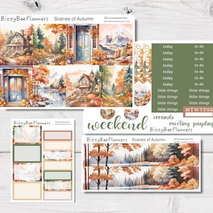 May include: A set of printable planner stickers featuring autumn scenes with houses, trees, and a waterfall. The stickers include the words "weekend", "errands", "meeting", and "payday".