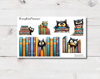 Pegatinas decorativas de gatos locos y libros - Pegatinas para agendas - Pegatinas para diarios - Pegatinas de lectura - Pegatinas de libros