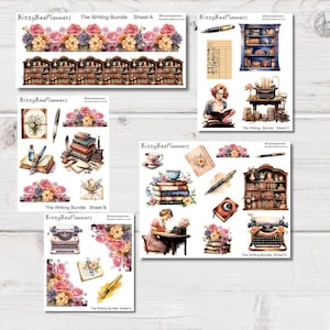 May include: A collection of five sticker sheets titled The Writing Bundle by BizzyBeePlanners, featuring watercolour illustrations of bookshelves, vintage typewriters, fountain pens, stacks of books, floral arrangements, and people writing.