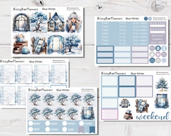 Blue Winter Standard Vertical Planner Sticker Kit- Weekly Sticker Kit- Winter Stickers- Snow Stickers- Vertical Planner Kit